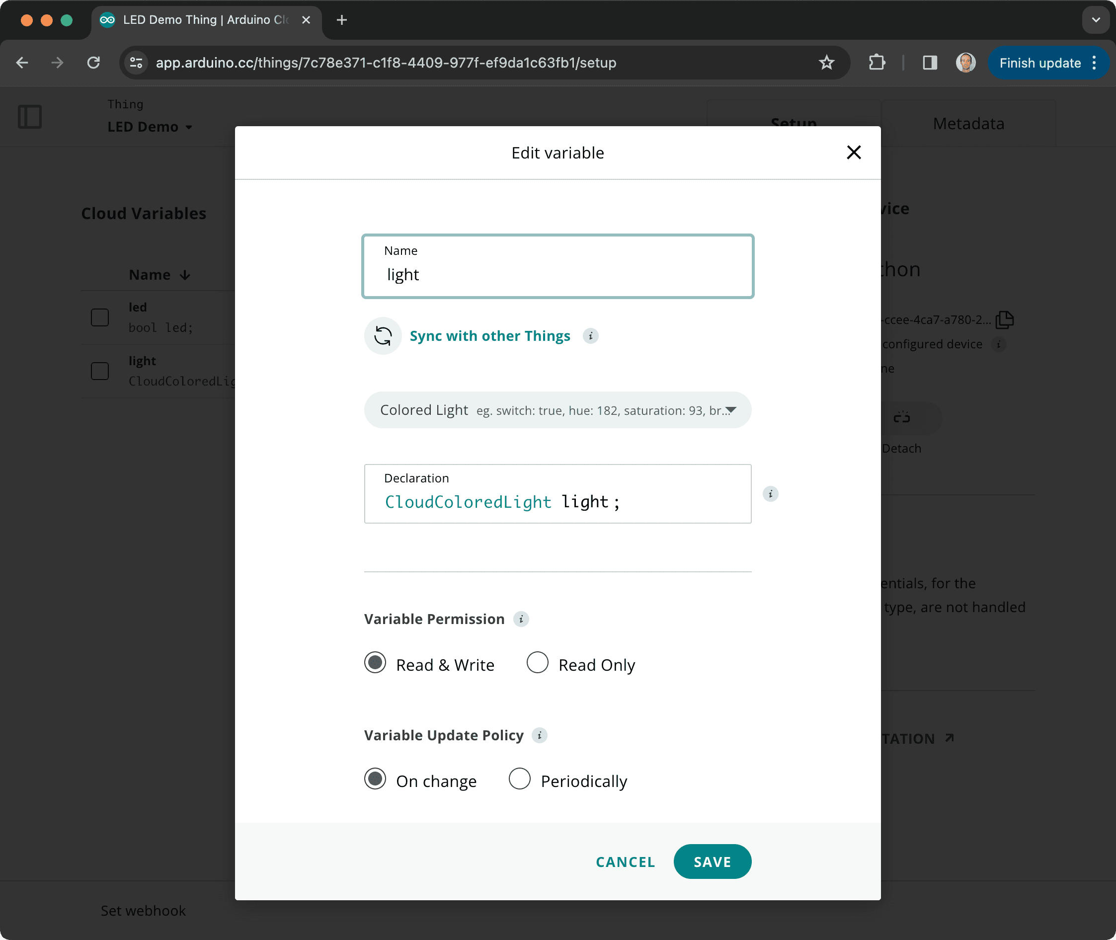Variable creation in Arduino Cloud